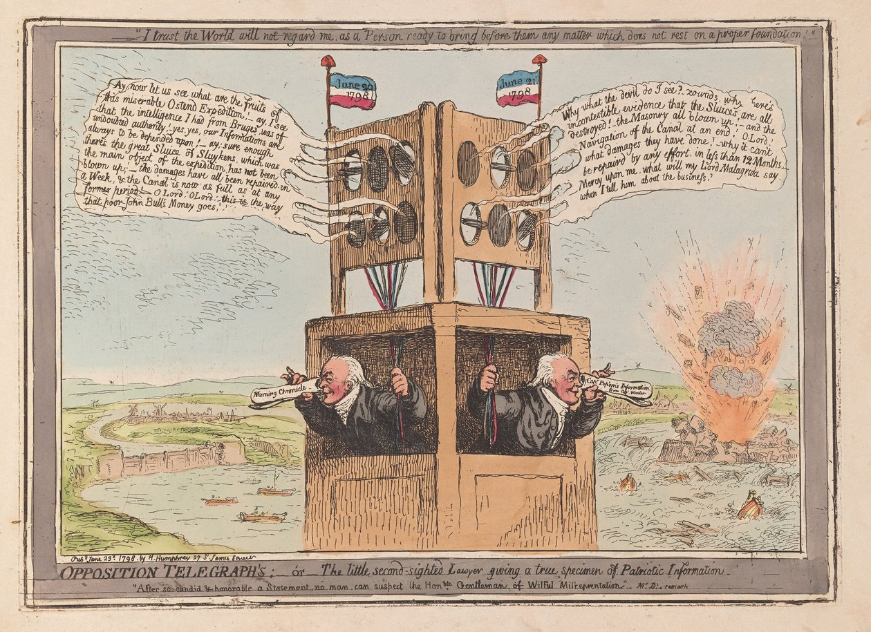 Opposition Telegraphs, tai pieni toissijainen lakimies, joka antaa todellisen näytteen Isänmaallisen tiedon pubista. 1798 (käsinvärinen kaiverrus) tekijältä James Gillray