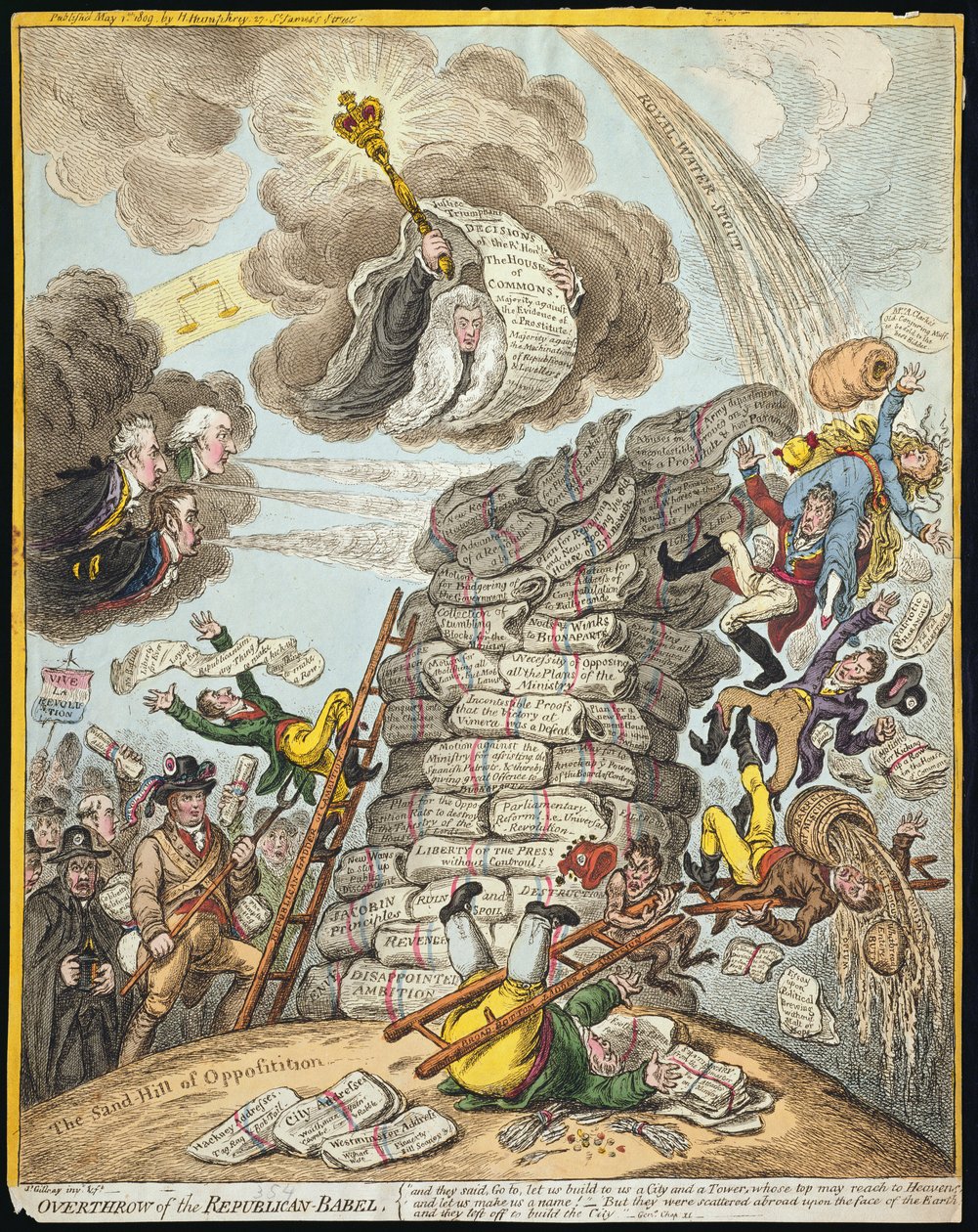 Republikaanien Babelin kukistaminen, julkaissut Hannah Humphrey vuonna 1809 (käsinvärinen etsaus) tekijältä James Gillray