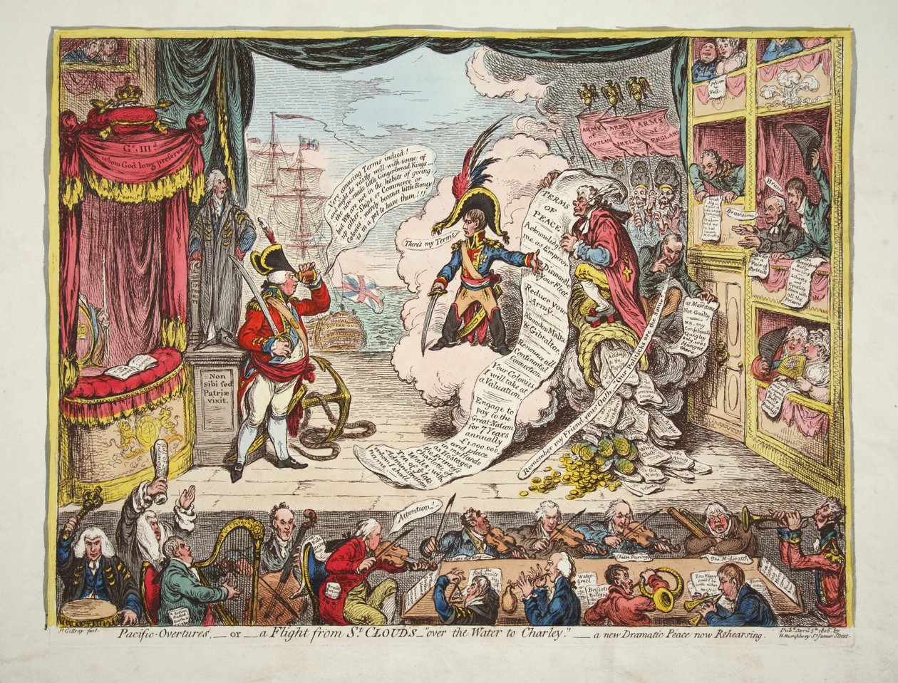 Pacific-Overtures, - tai - lento St Cloudsista - veden yli Charletiin. - uusi Dramatic Peace nyt harjoituksissa, pubi. 1806 (käsinvärinen kaiverrus) tekijältä James Gillray