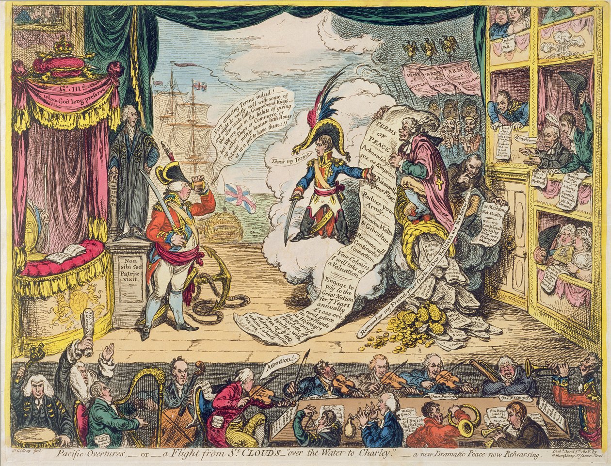 Pacific-Overtures eli Lento St. Cloudsista "veden yli Charleyyn" - uusi dramaattinen rauha, nyt harjoituksissa, julkaisi Hannah Humphrey vuonna 1806 (käsinvärinen etsaus) tekijältä James Gillray