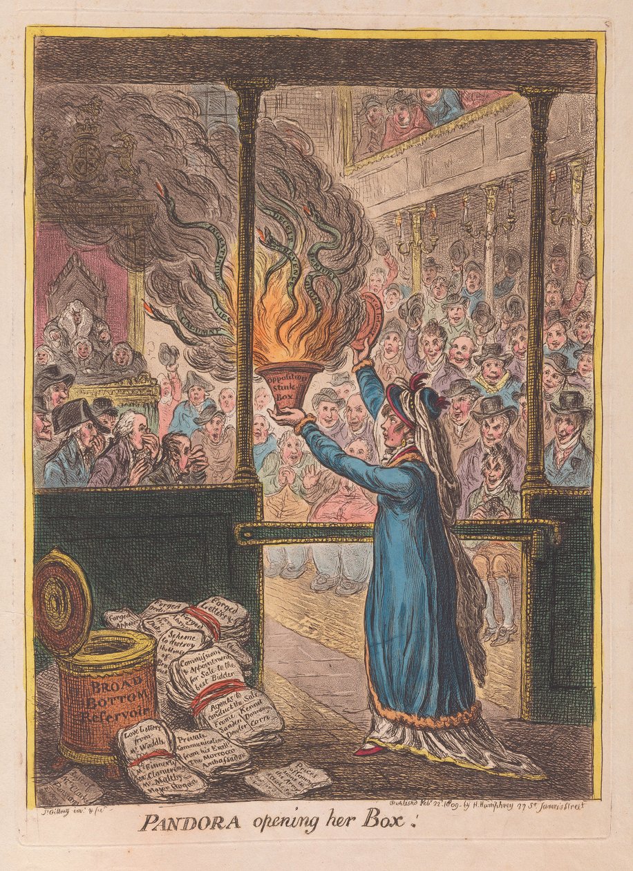 Pandora avaa lippaansa, pubi. 1809 (käsinvärinen kaiverrus) tekijältä James Gillray