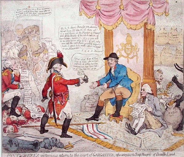 Pantagruelin voittoisa paluu Gargantuan hoviin hävitettyään Hannah Humphreyn vuonna 1794 julkaiseman Soup-Meagres of Bouaille Landin (käsinvärinen etsaus) tekijältä James Gillray
