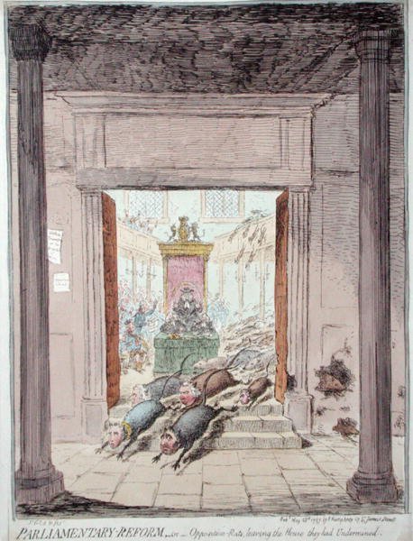 Parlamentaarinen uudistus tai oppositiorotat jättämässä parlamentin, jota he olivat heikentäneet, Hannah Humphreyn julkaisema vuonna 1797 (käsin väritetty etsaus). tekijältä James Gillray