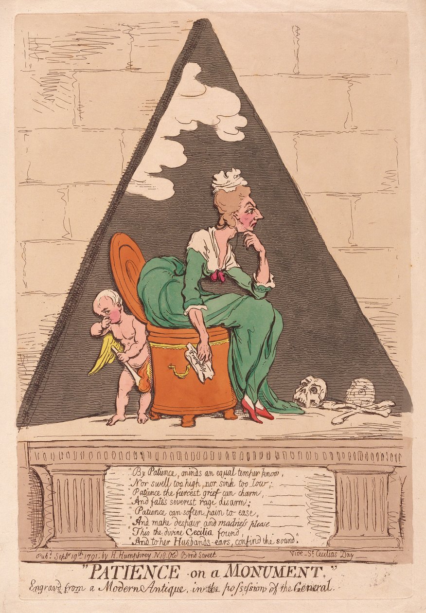 Kärsivällisyyttä muistomerkillä, pub. 1791 (käsin väritetty kaiverrus) tekijältä James Gillray