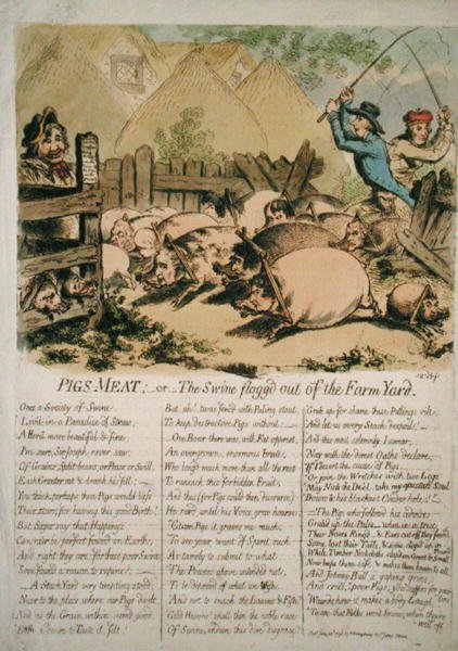 Possunliha eli Farmyardilta ruoskittu sika, Hannah Humphreyn vuonna 1798 julkaisema (käsinvärinen etsaus) tekijältä James Gillray