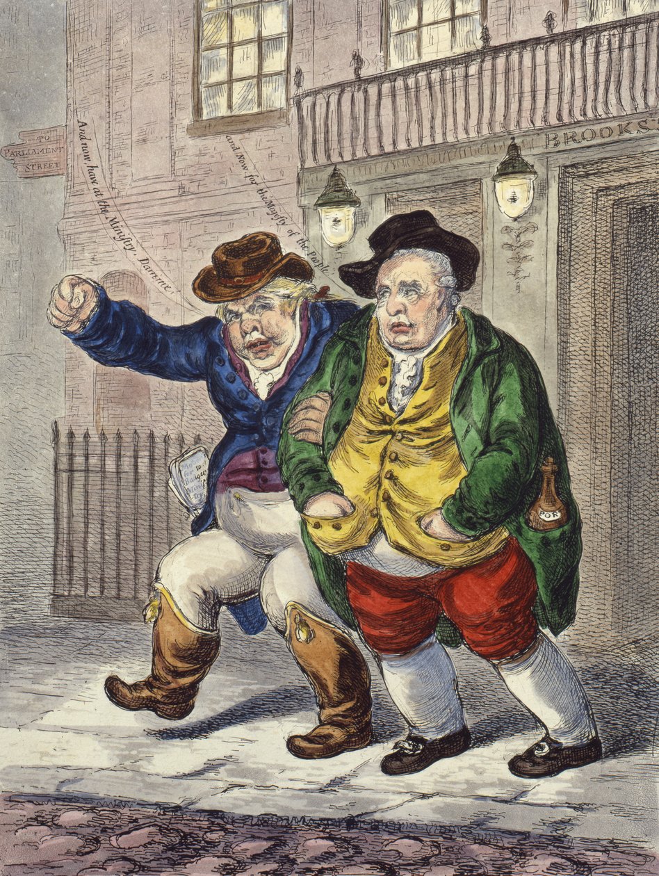 Perustuslain pilarit: Kello kolme ja pilvinen aamu, 1809 tekijältä James Gillray
