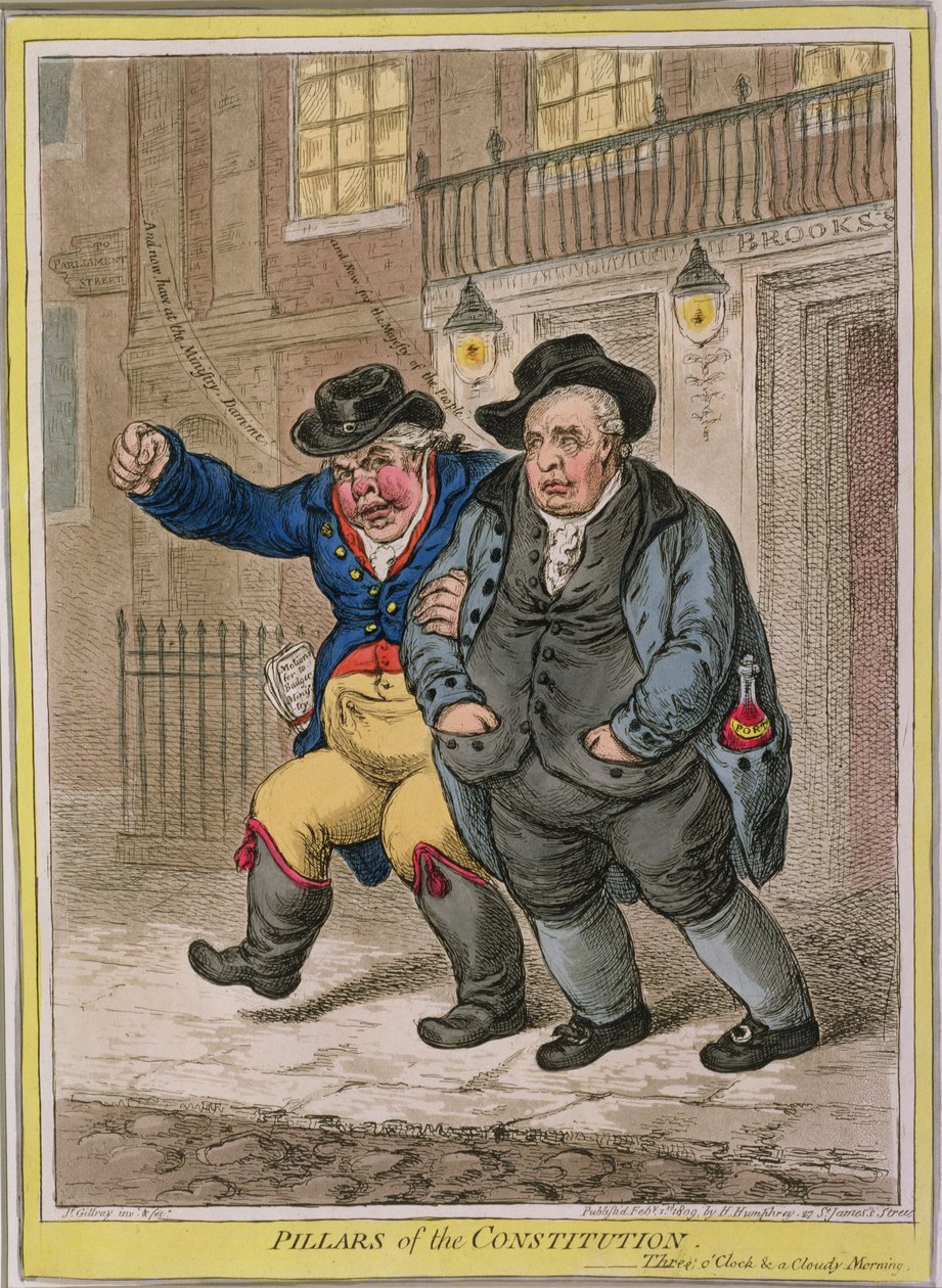 Perustuslain pilarit: Kello kolme ja pilvinen aamu, julkaissut Hannah Humphrey vuonna 1809 (käsinvärinen etsaus) tekijältä James Gillray