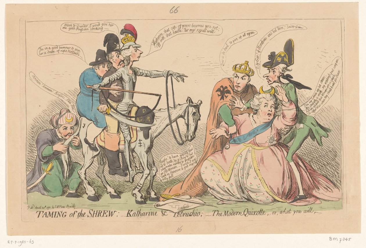 Pitt hahmona Don Quijote pelottaa Katariina Suurta, 1791 Päihteen kesyttäminen:- Katharine & Petruchio: - moderni Quijote tai mitä haluat (otsikko esineessä) tekijältä James Gillray