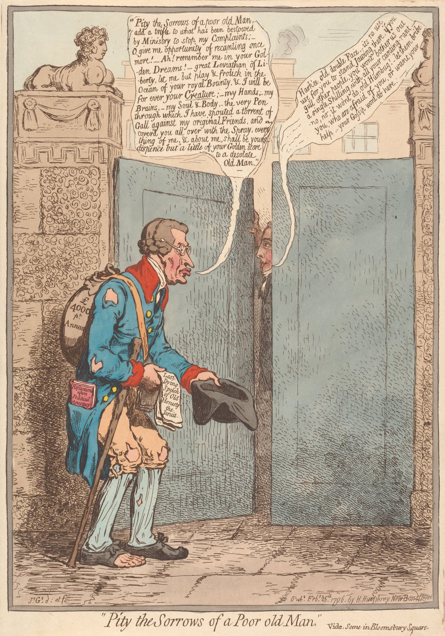 Sääli köyhän vanhan miehen suruja, ks. kohtaus Bloomsbury Squarella tekijältä James Gillray