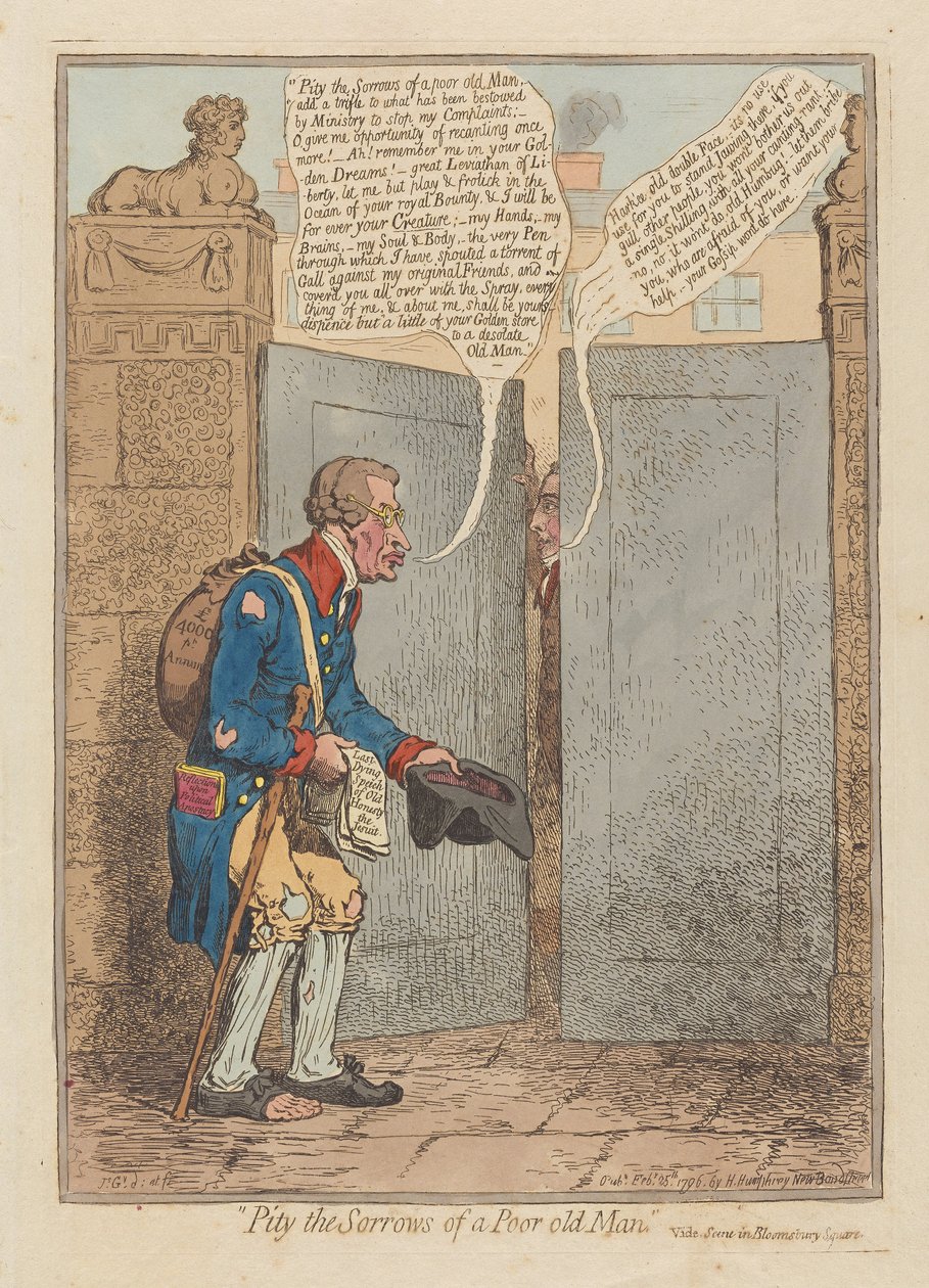 Sääli köyhän vanhan miehen suruja, pubi. 1796 (käsinvärinen kaiverrus) tekijältä James Gillray