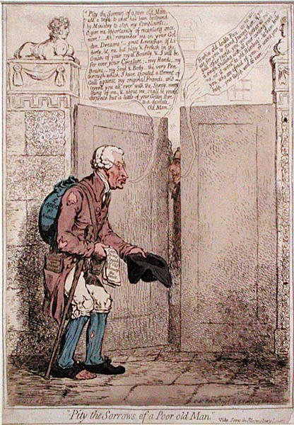 Pity the Sorrows of a Poor Old Man, Hannah Humphreyn julkaisema 1796 (käsin väritetty etsaus). tekijältä James Gillray