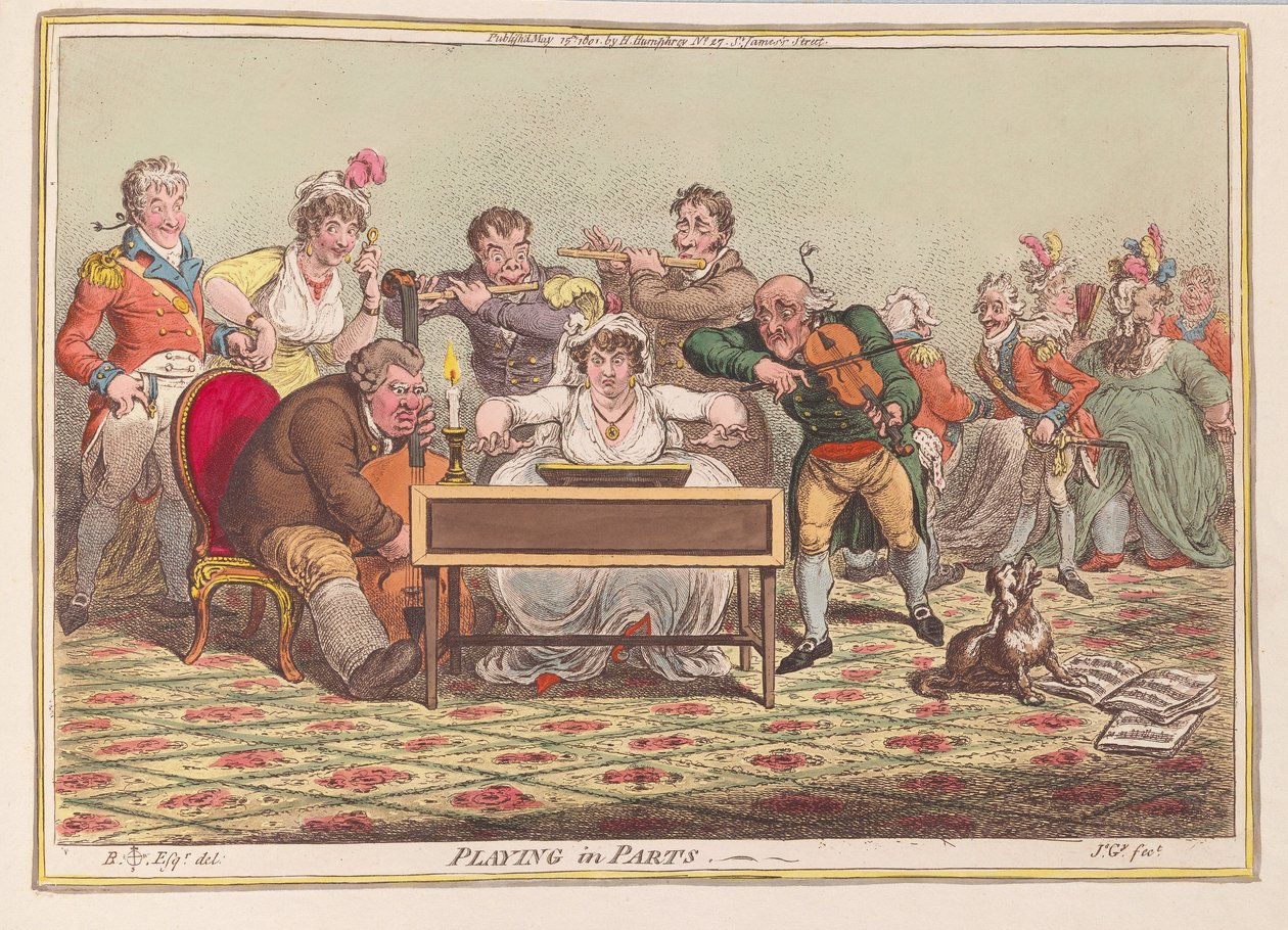Soitetaan Partsissa, pubissa. 1801 (käsinvärinen kaiverrus) tekijältä James Gillray