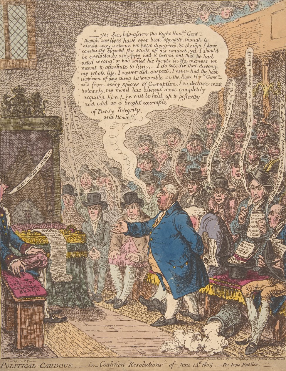 Poliittinen suorapuheisuus, eli koalitio-päätöslauselmat 14. kesäkuuta 1805. - Pro bono Publi..., 21. kesäkuuta 1805. tekijältä James Gillray