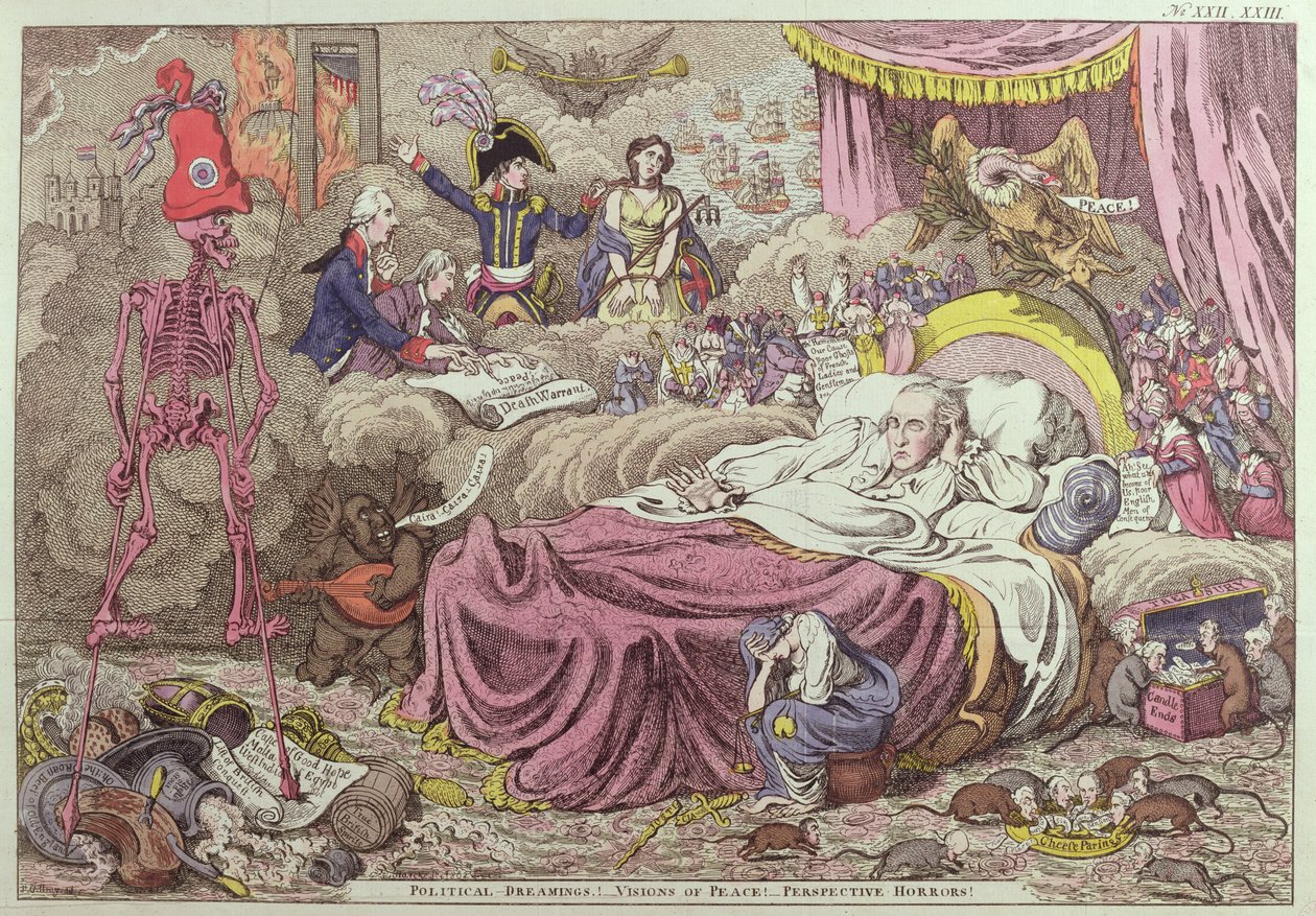 "Poliittinen unelma, visiot rauhasta, tulevaisuuden kauhut", karikatyyri Amiensin rauhasta, 25. maaliskuuta 1802 (värikaiverrus) tekijältä James Gillray