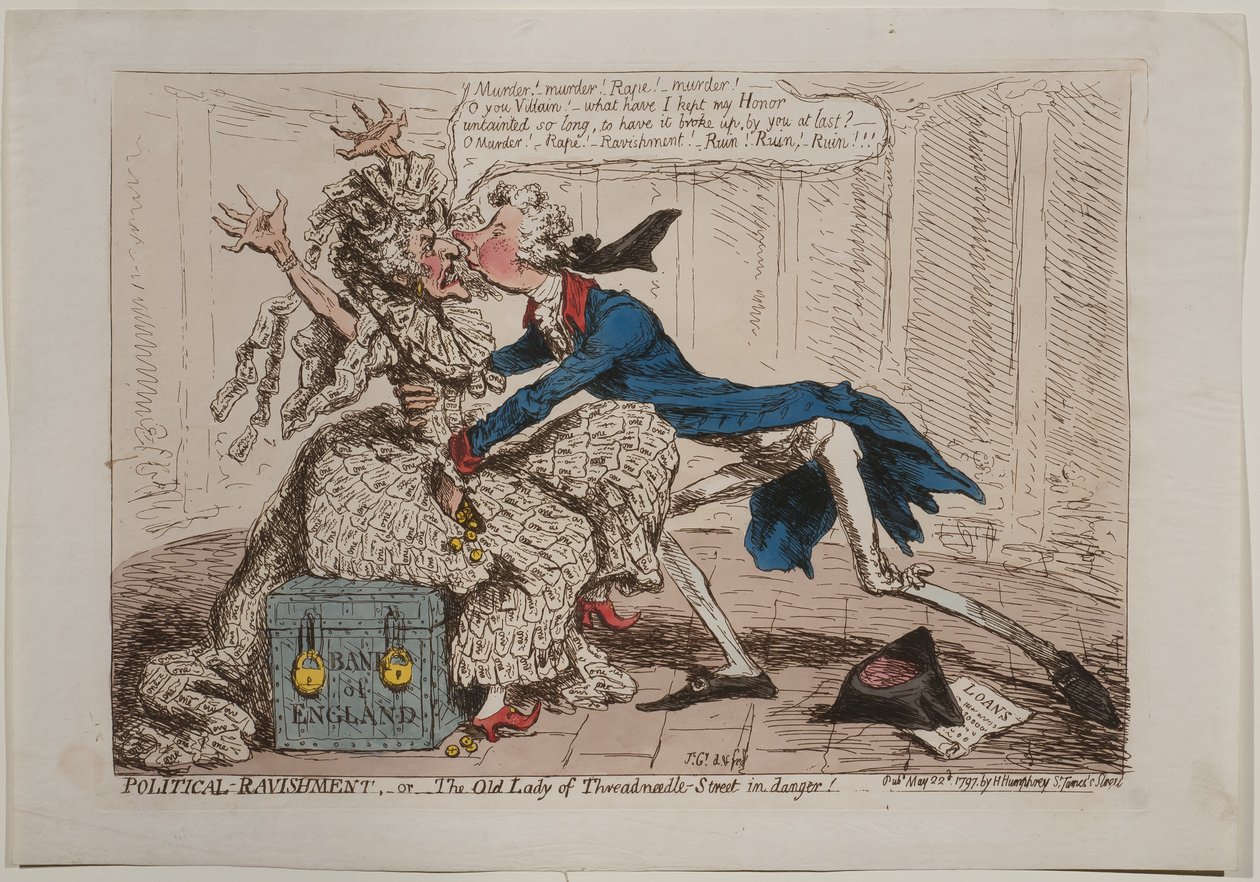 Political Ravishment eli The Old Lady of Threadneedle Street vaarassa!, julkaisija Hannah Humphrey, 1797 (käsinvärinen etsaus) tekijältä James Gillray