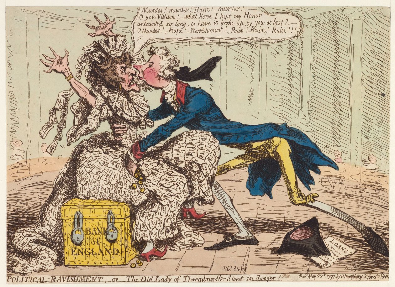 Poliittinen ravishment tai Old Lady of Threadneedle Street vaarassa!, 1797 tekijältä James Gillray