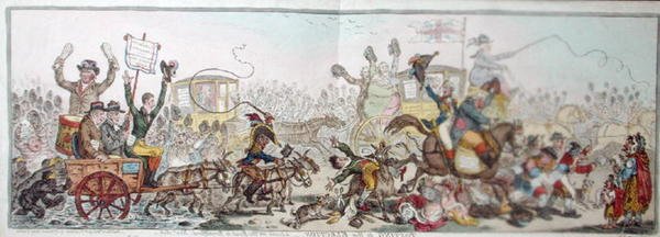 Posting to the Election: kohtaus matkalla Brentfordiin, julkaissut Hannah Humphrey vuonna 1806 (käsinvärinen etsaus) tekijältä James Gillray