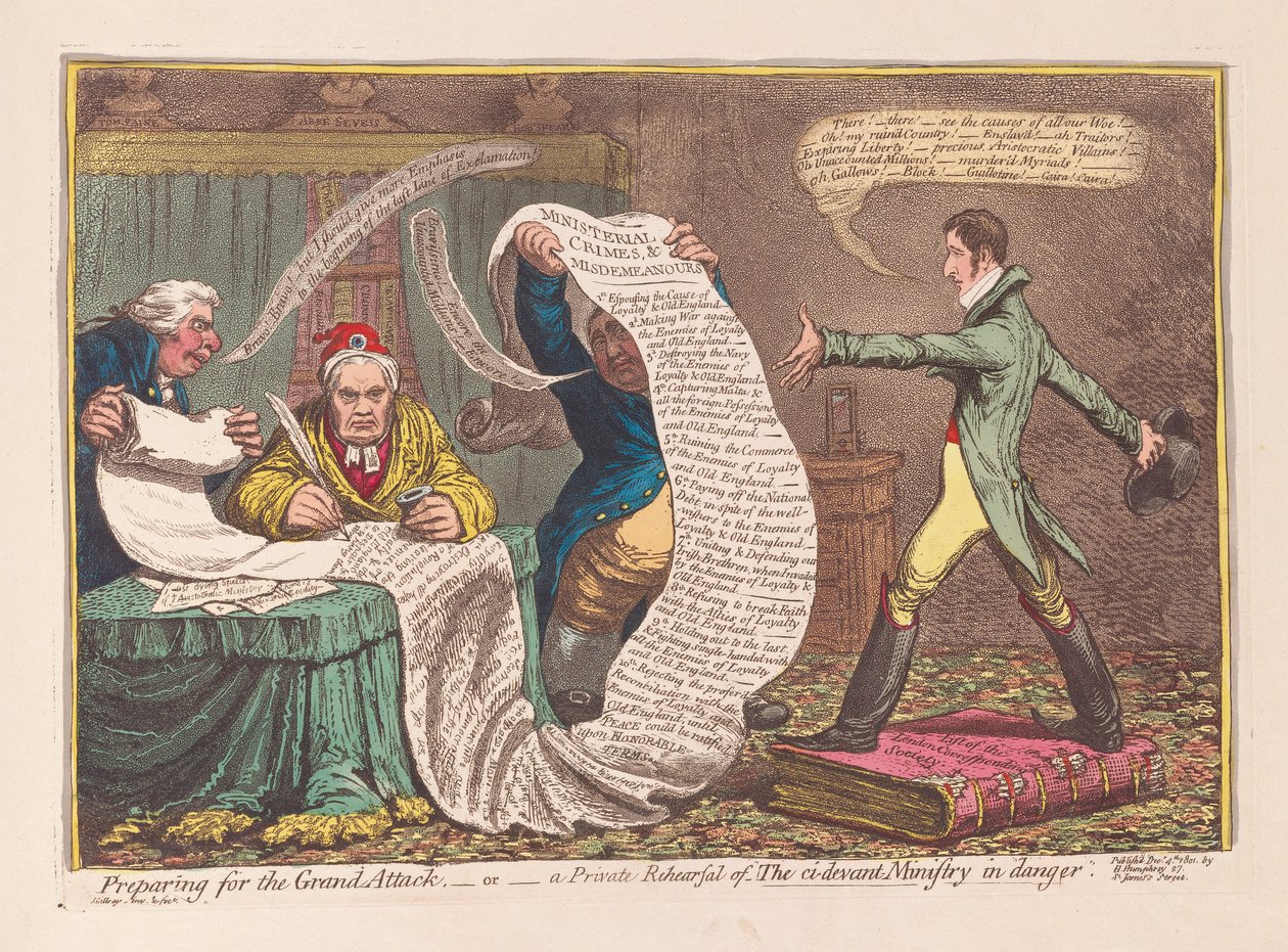 Valmistautuminen Grand Attackiin tai The ci-devant Department in Dangerin yksityiseen harjoitukseen, pub. 1801 (käsinvärinen kaiverrus) tekijältä James Gillray