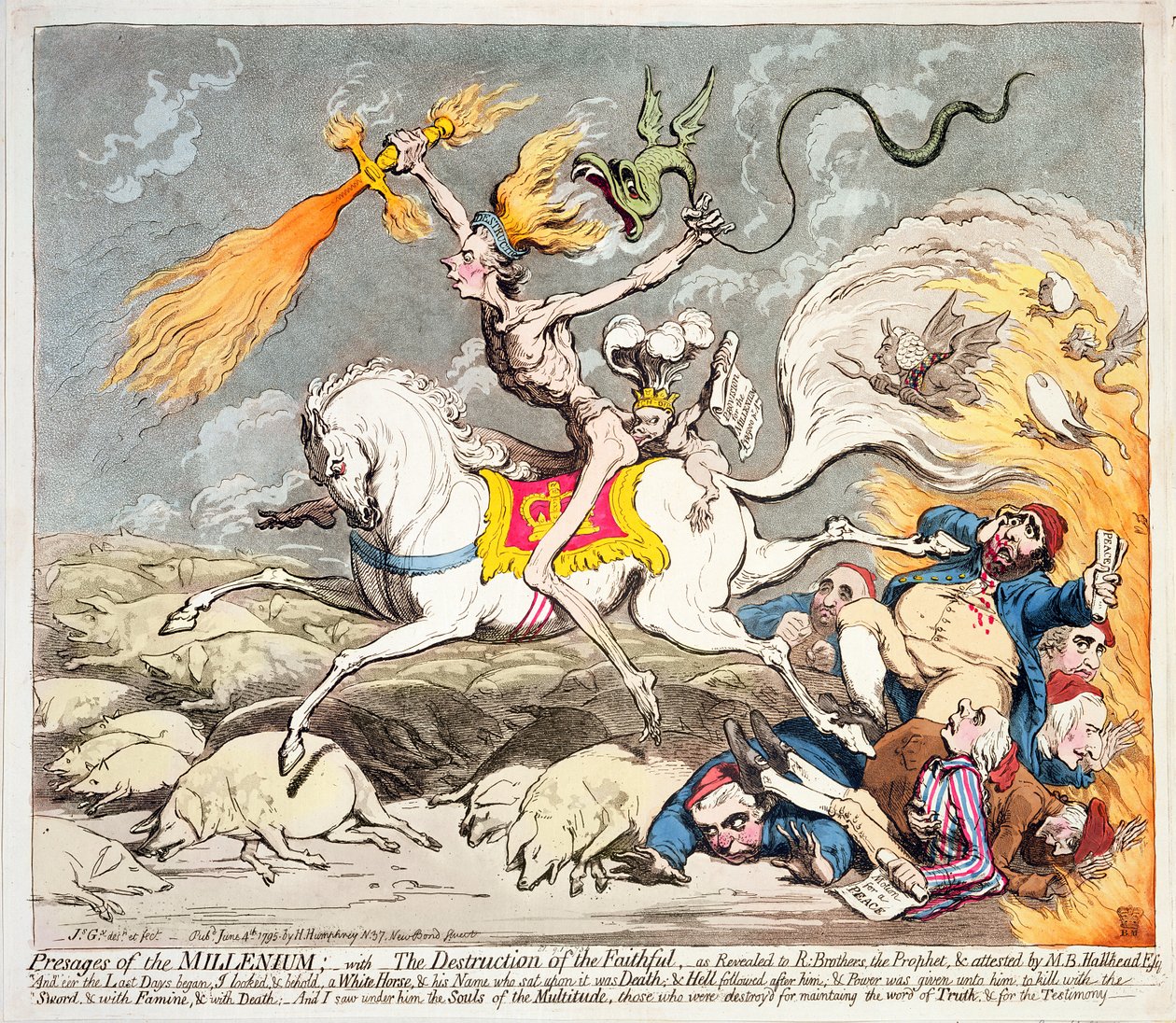 Vuosituhannen presages, Hannah Humphreyn vuonna 1795 julkaisema (värietsaus, kaiverrus ja akvatinta) tekijältä James Gillray