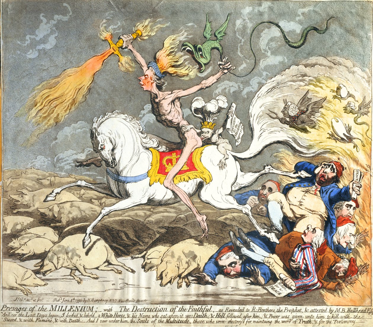 Vuosituhannen presages, Hannah Humphreyn vuonna 1795 julkaisema (käsinvärinen etsaus, kaiverrus ja akvatinta) tekijältä James Gillray