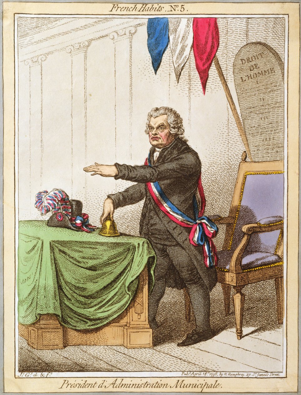 Presidentti dAdministration Municipale, levy 5 Hannah Humphreyn vuonna 1798 julkaisemasta French Habitsista (värillinen etsaus) tekijältä James Gillray