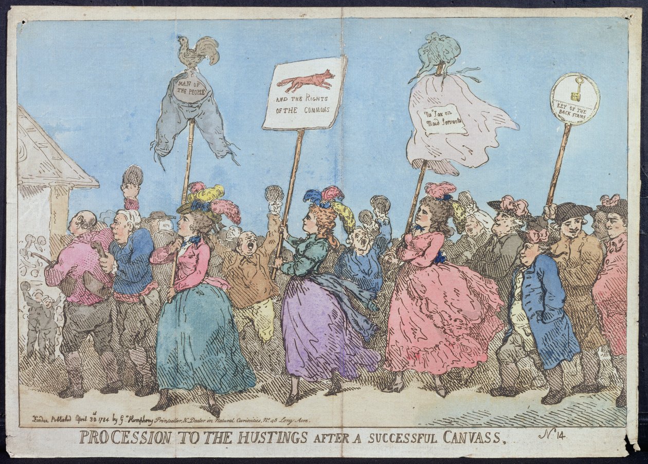 Procession to the Hustings after Succesful Canvass, julkaisija G. Humphrey vuonna 1784 (käsinvärinen etsaus) tekijältä James Gillray