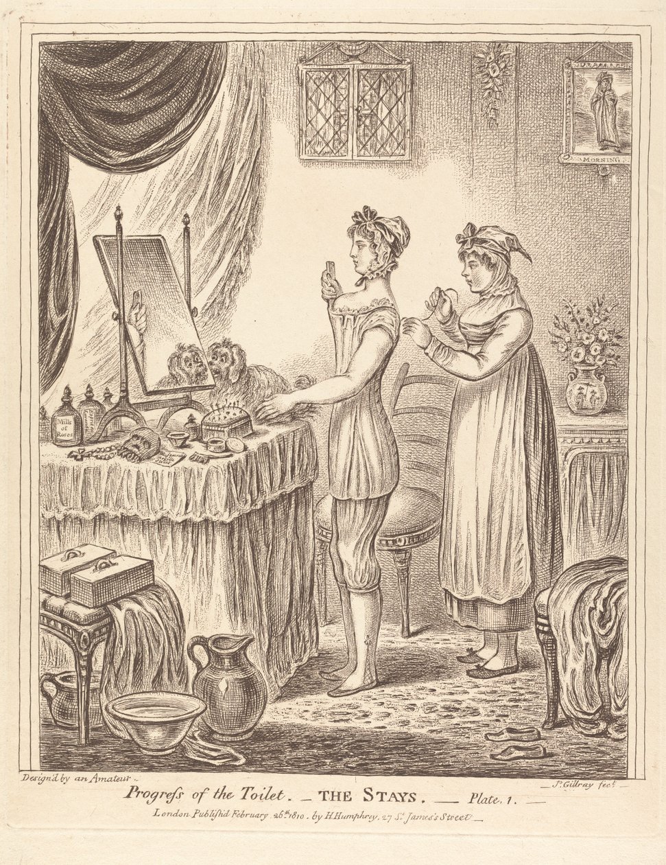 Pukeutumisen edistyminen - Korsetti, taulu I tekijältä James Gillray