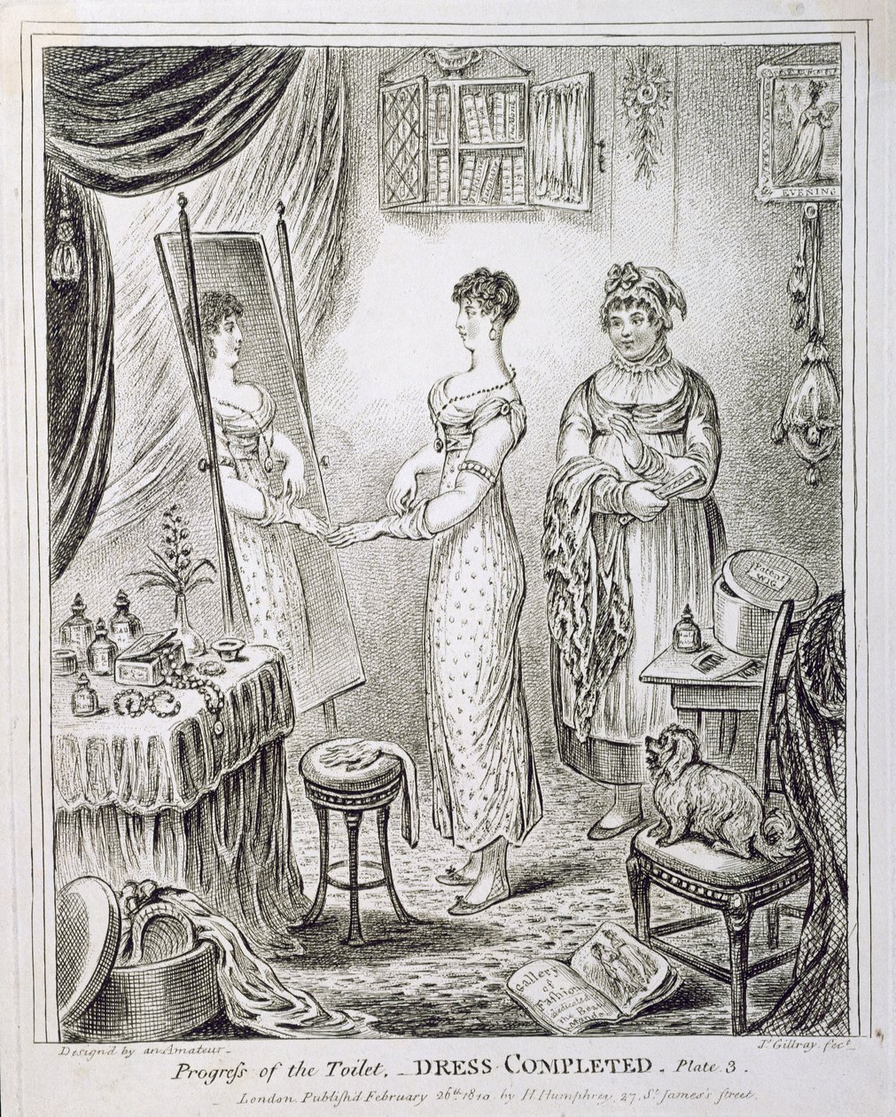Progress of the Toilet tai Dress Completed, julkaisija Hannah Humphrey vuonna 1810 tekijältä James Gillray