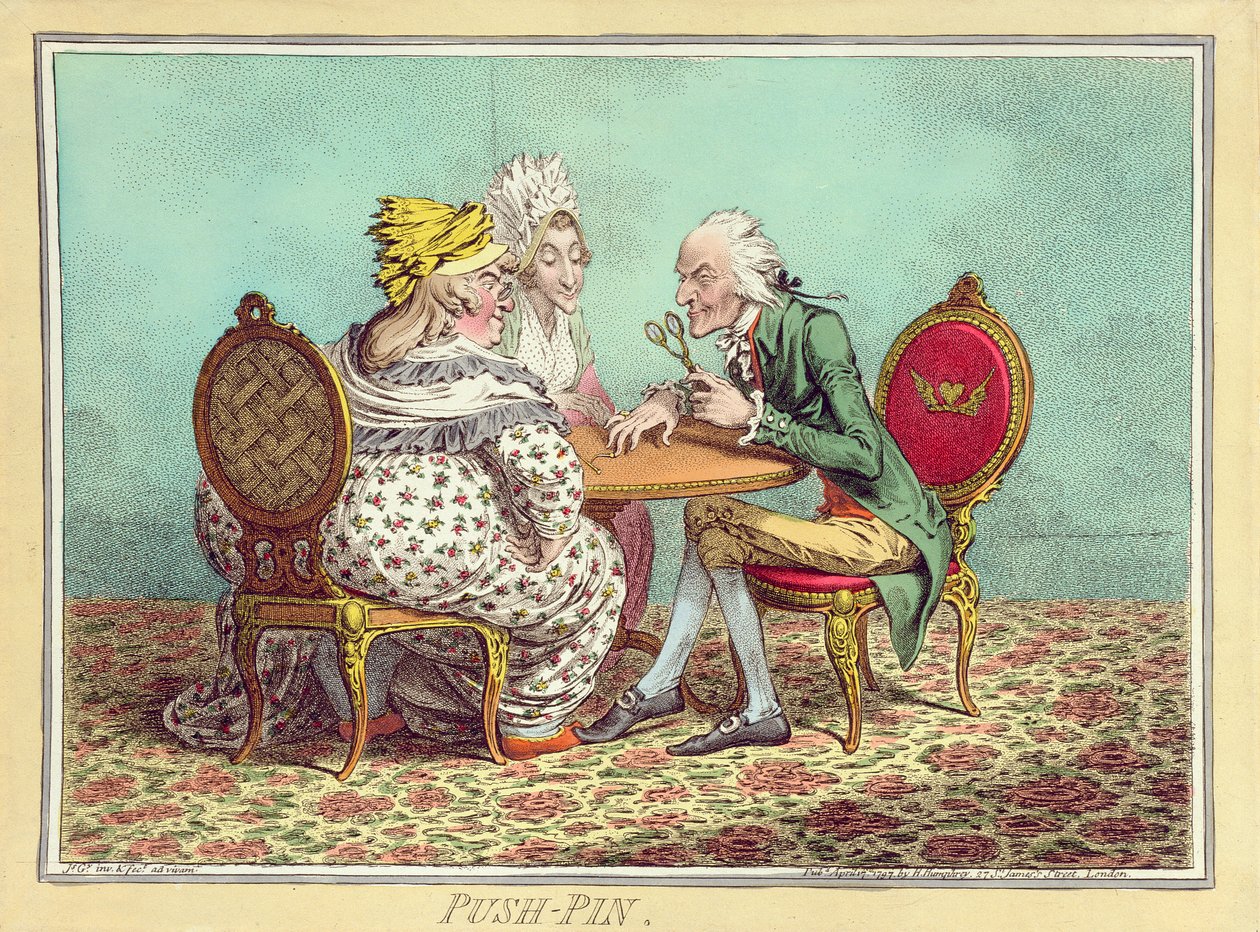 Push-Pin, Hannah Humphreyn julkaisema 1797 (käsin väritetty etsaus). tekijältä James Gillray
