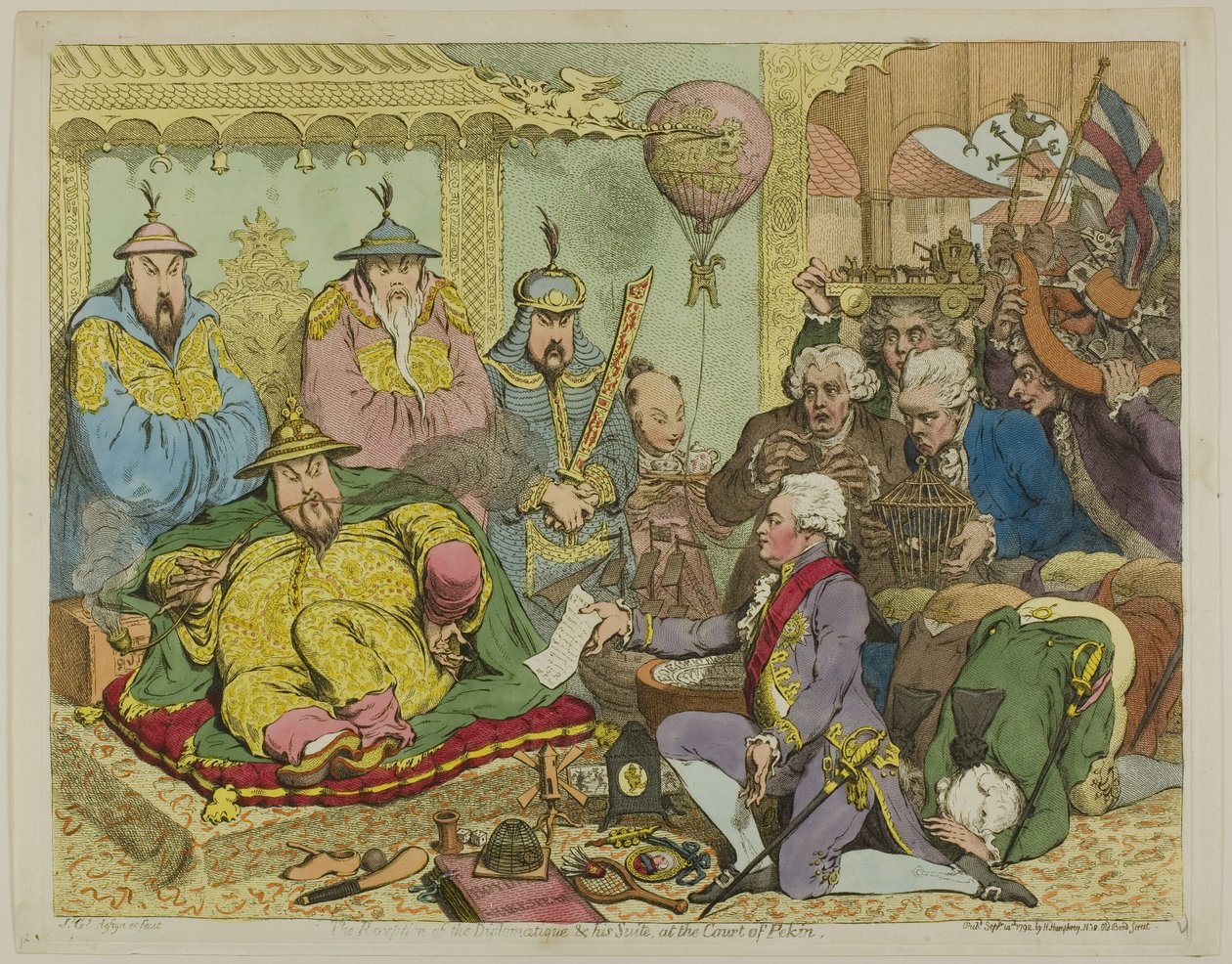 Diplomatiquen ja hänen sviittinsä vastaanotto Pekinin tuomioistuimessa tekijältä James Gillray