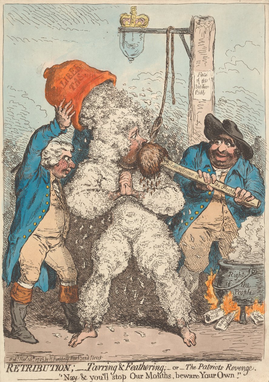 Kosto; - Tervaaminen ja höyhentäminen; - eli - Patrioottien kosto, - Ette suinkaan aio tukkia suutamme, varokaa omaanne tekijältä James Gillray