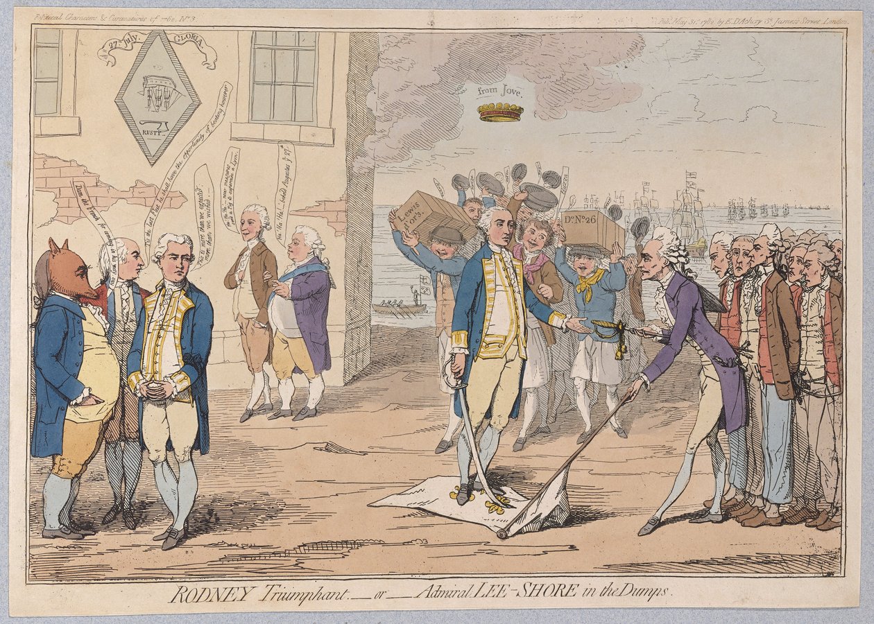 Rodney Triumphant tai Admiral LeeShore in the Dumps, pubi 1782 (käsinvärinen kaiverrus) tekijältä James Gillray