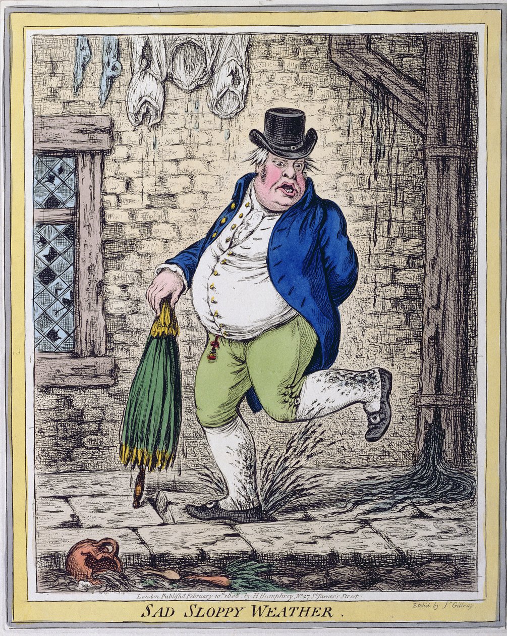 Sad Sloppy Weather, julkaissut Hannah Humphrey vuonna 1808 (käsinvärinen etsaus) tekijältä James Gillray
