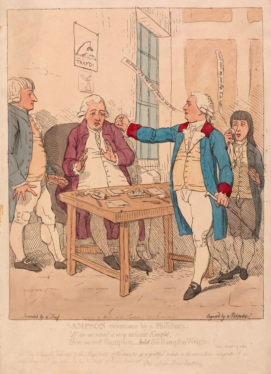 Sampsonin voittanut filistealainen, pub. 1782 (käsin väritetty kaiverrus) tekijältä James Gillray