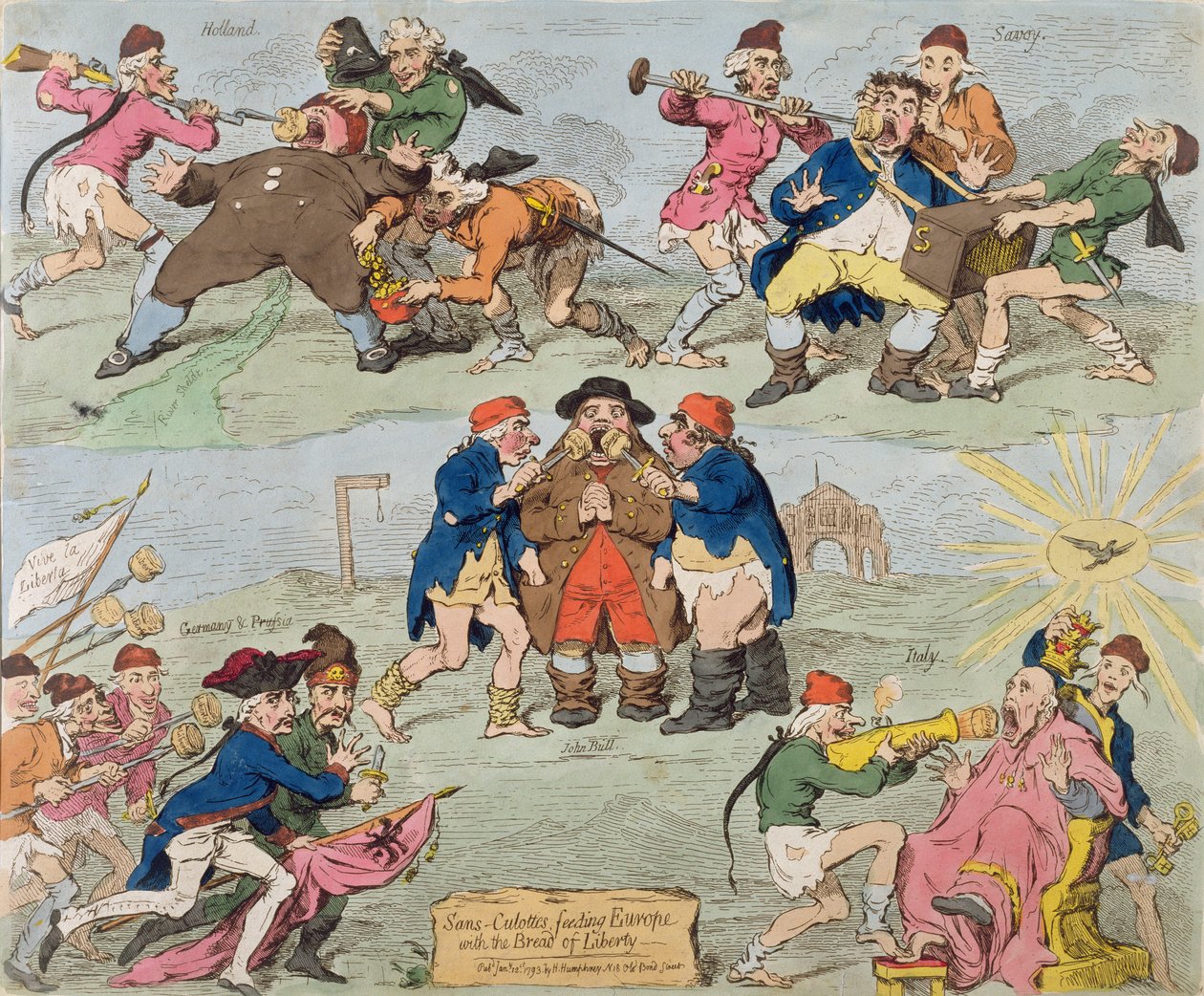 Sans-Culottes Feeding Europe with the Bread of Liberty, julkaissut Hannah Humphrey vuonna 1793 (käsinvärinen etsaus) tekijältä James Gillray