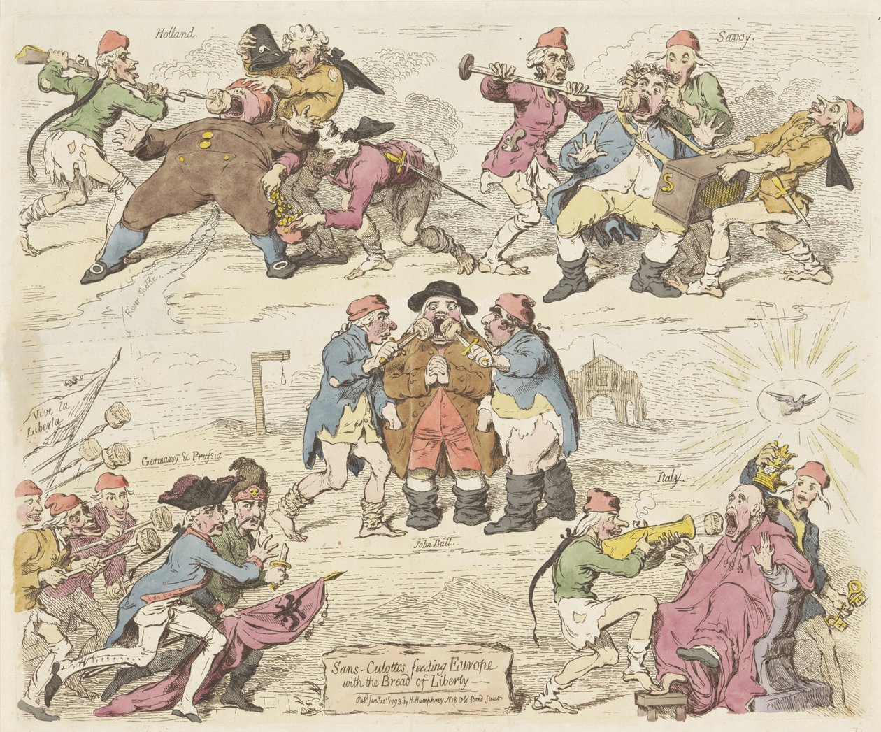 Sans-culottit ruokkivat Eurooppaa vapauden leivällä, 1793 Sans-culottes, ruokkivat Eurooppaa vapauden leivällä (otsikko esineessä) tekijältä James Gillray