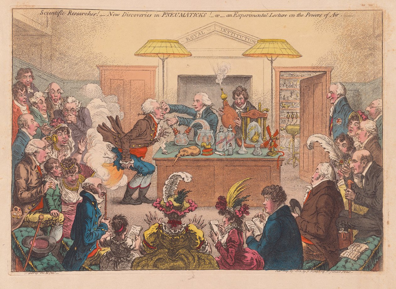 Tieteelliset tutkimukset! Uusia löytöjä Pneumatiikassa! Tai kokeellinen luento voimaista osf Air, pub. 1802 (käsinvärinen kaiverrus) tekijältä James Gillray