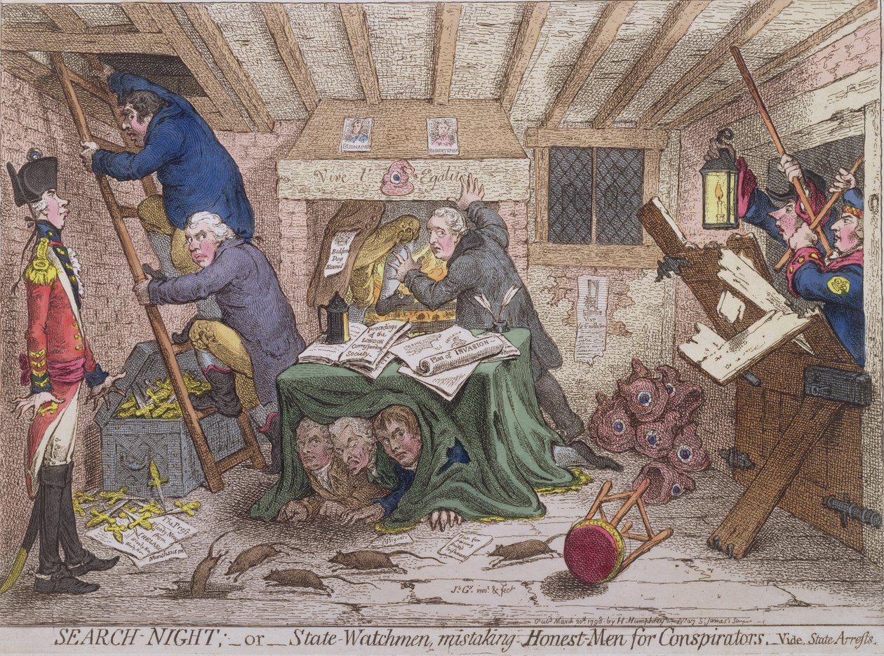 Hannah Humphreyn vuonna 1798 julkaisema Search Night eli The State Watchmen Mistaking Honest-men for Conspirators (käsinvärinen etsaus) tekijältä James Gillray