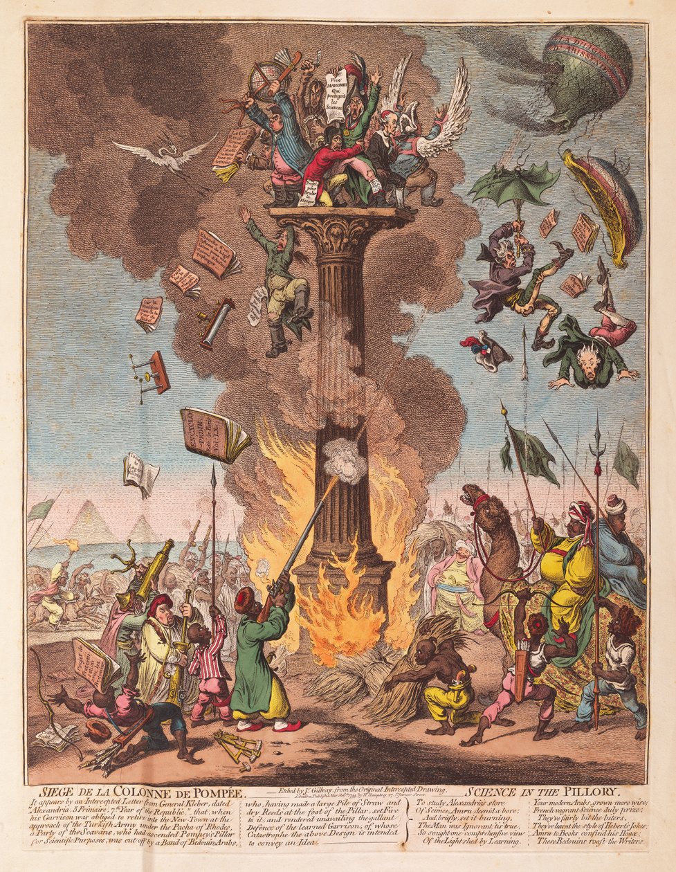 Siege de la Colonne de Pompee, Science in the Pillory, pubi. 1799 (käsinvärinen kaiverrus) tekijältä James Gillray