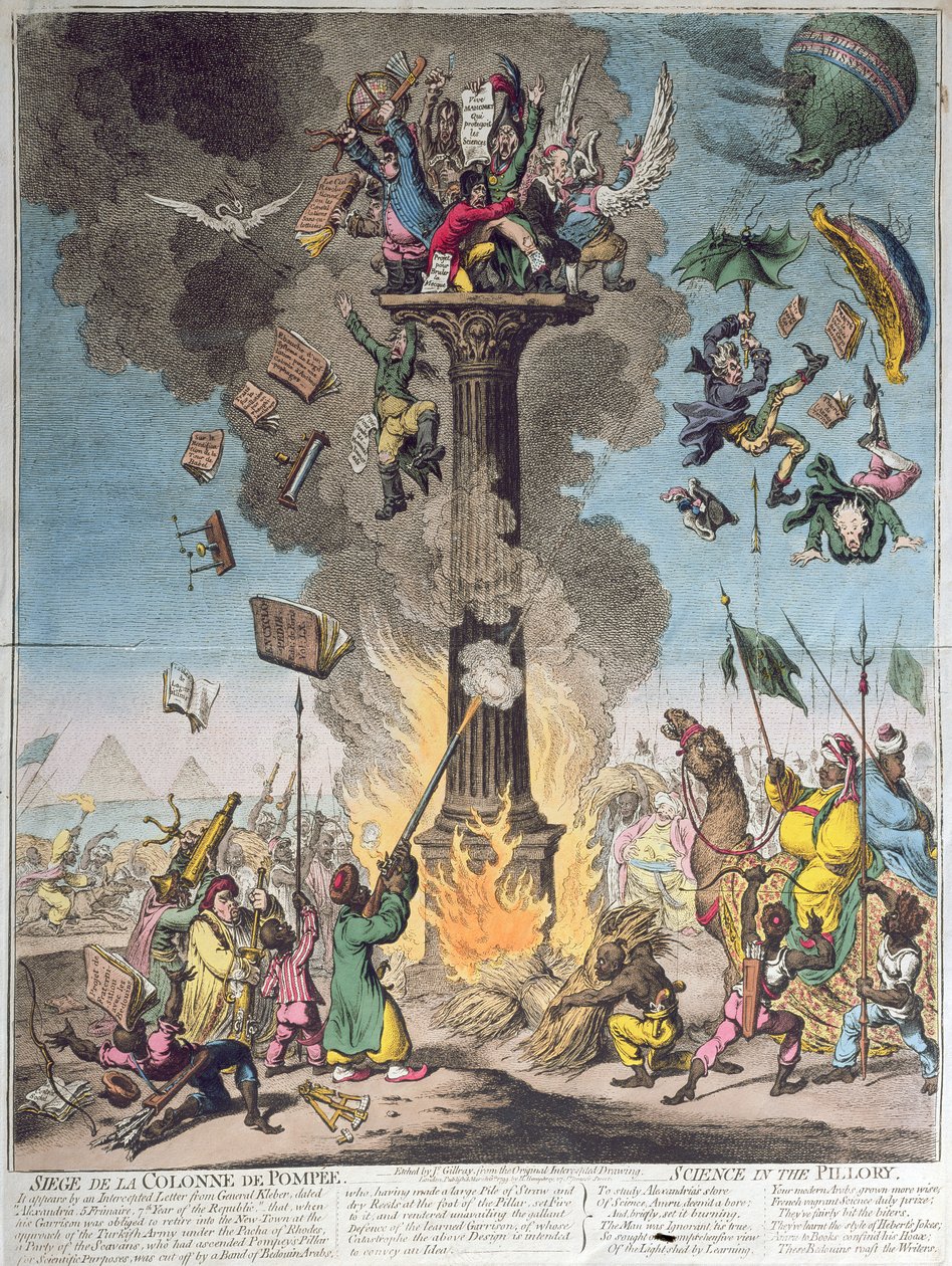 Siege de la Colonne de Pompee, eli Tiede pyörteissä, julkaissut H. Humphrey vuonna 1799 (etsaus, kaiverrus ja wc) tekijältä James Gillray