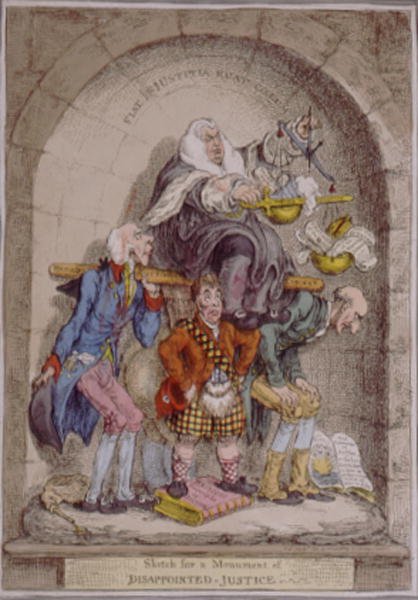 Hannah Humphreyn vuonna 1806 julkaisema luonnos pettyneen oikeuden muistomerkkiä varten (käsin väritetty etsaus). tekijältä James Gillray