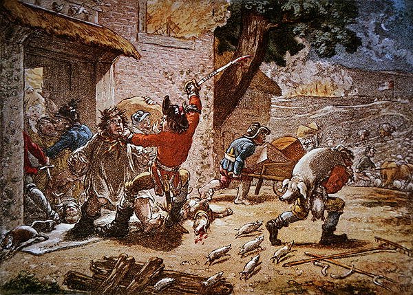 Yhdistyneiden irlantilaisten yhdistys "Upon Duty" tekee ratsian maatilalle aseita ja ruokaa hankkimassa tekijältä James Gillray