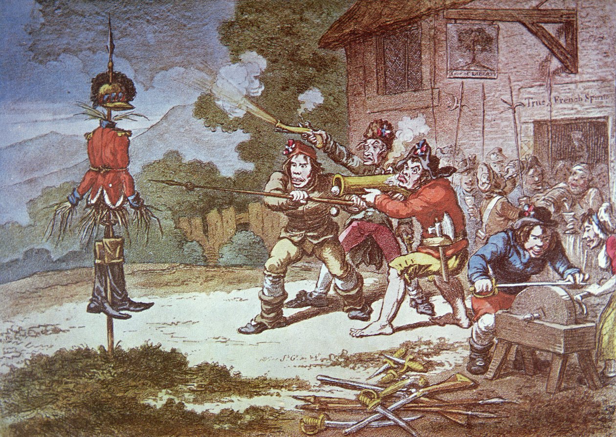 Yhdistyneiden irlantilaisten yhdistys harjoittelemassa Britannian armeijaa tekijältä James Gillray