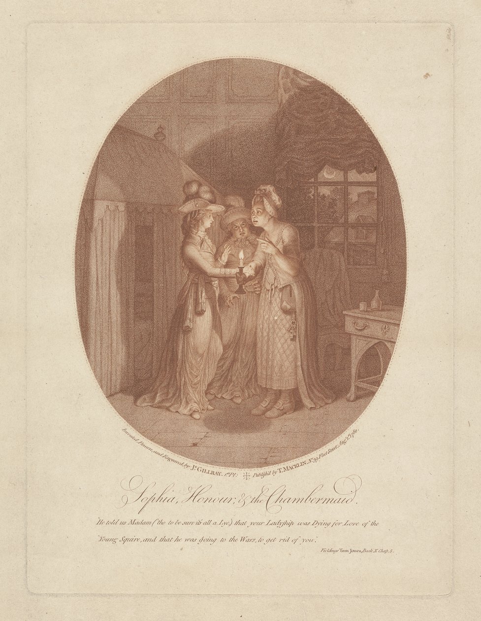 Sophia, Honour ja Chambermaid, kohtaus Henry Fieldingin (1707-54) Tom Jonesista (pistekaiverrus) tekijältä James Gillray