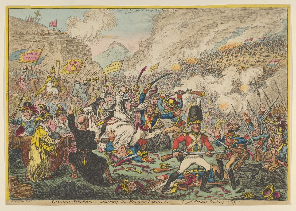 Espanjalaispatriotit hyökkäävät ranskalaisia bandittejä vastaan - uskolliset britit lainaavat hissiä, A..., 15. elokuuta 1808. tekijältä James Gillray
