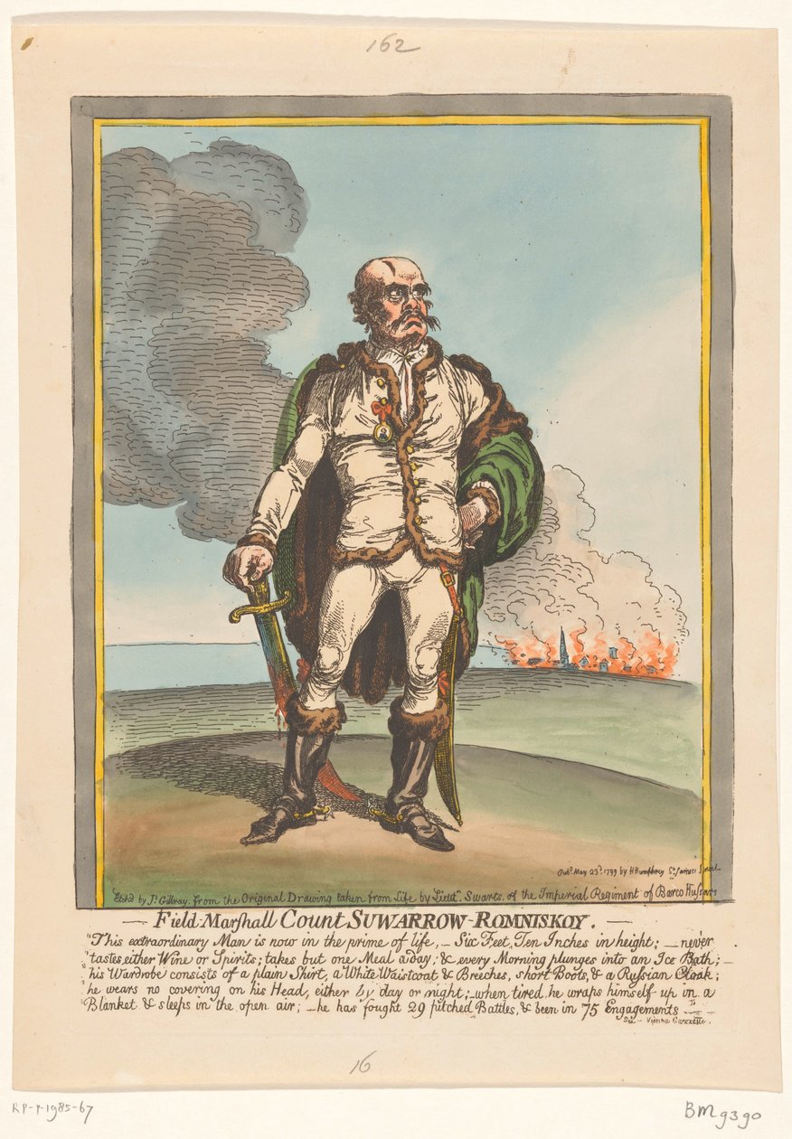 Sarjakuva Aleksandr Suvorovista, 1799 Marsalkkakreivi Suwarrow-Romniskoy (nimi esineessä) tekijältä James Gillray
