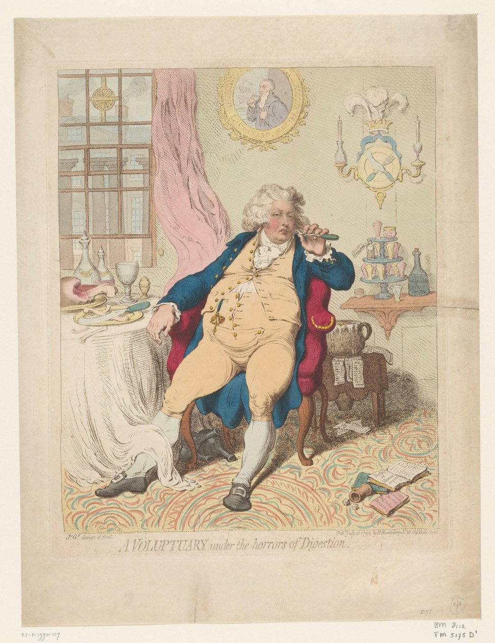 Spotprent op George IV, 1792 Vapaaehtoinen Digestionin kauhujen alla (otsikko esineessä) tekijältä James Gillray