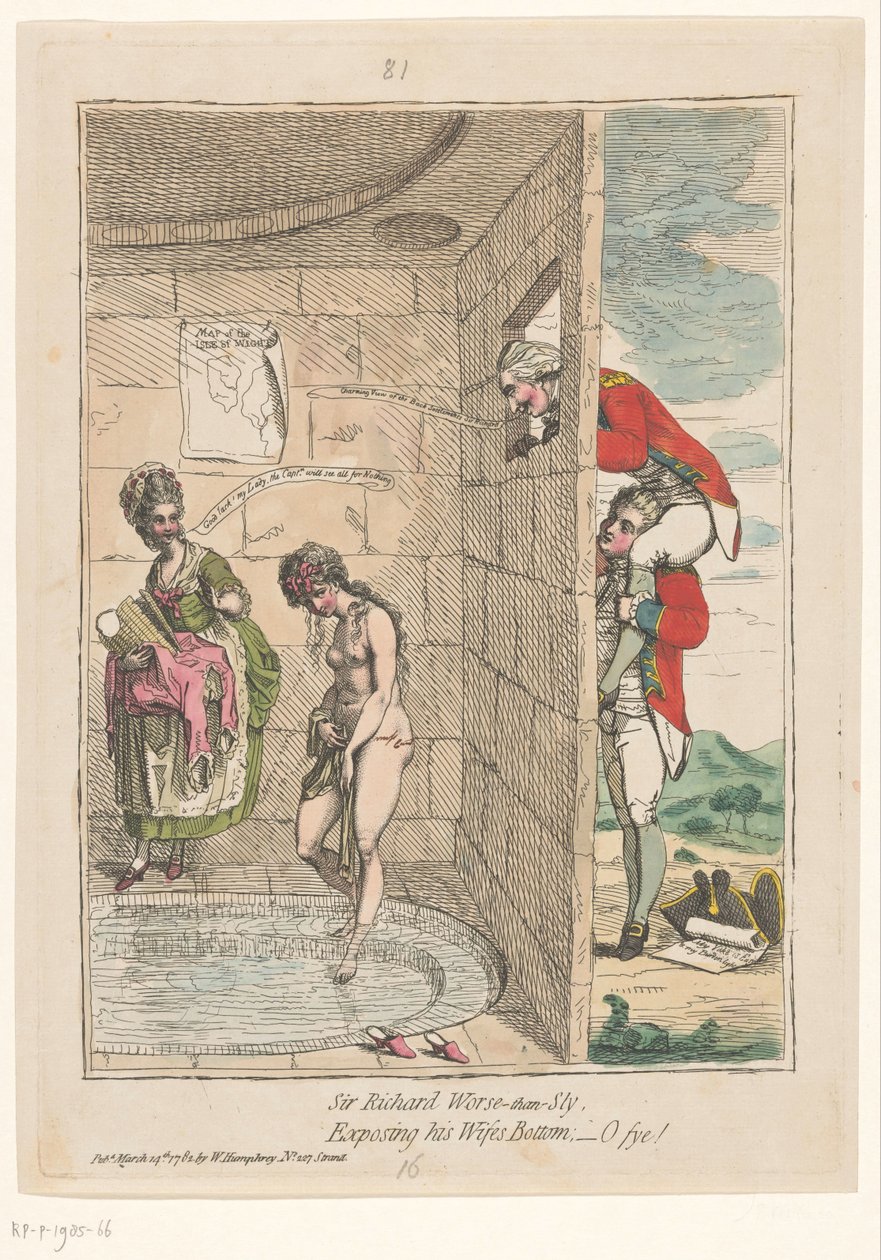 Spotprent Sir Richard Worsley Sir Richard paljasti vaimonsa pohjan; - voi hei! (otsikko esineessä) tekijältä James Gillray