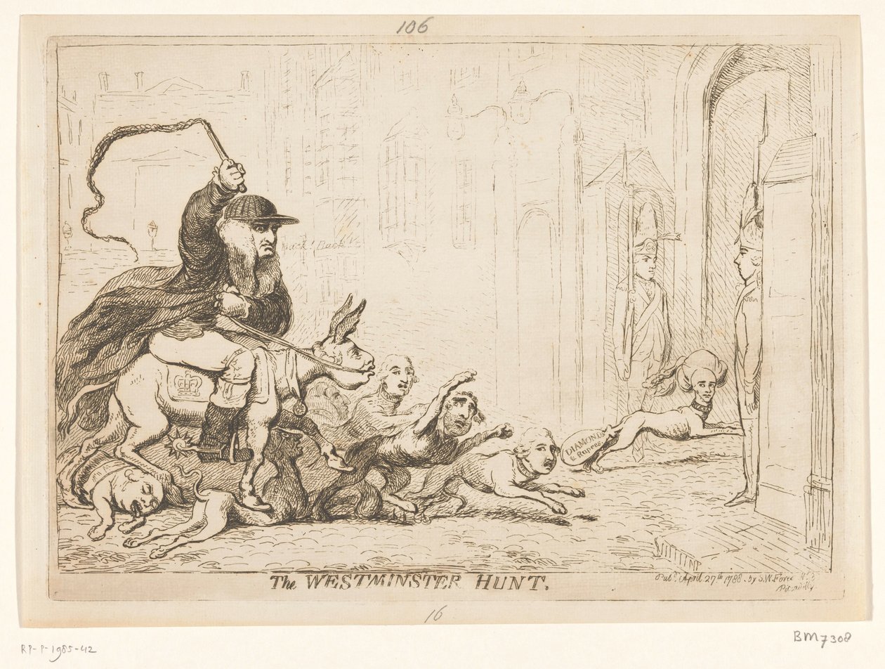 Sarjakuva Warren Hastingsista, 1788 Westminster Hunt (otsikko esineessä) tekijältä James Gillray
