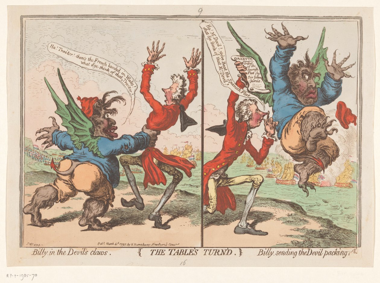 Spotprent, William Pitt ja Charles Fox, 1797 Pöydän käännetty (otsikko esineellä) tekijältä James Gillray